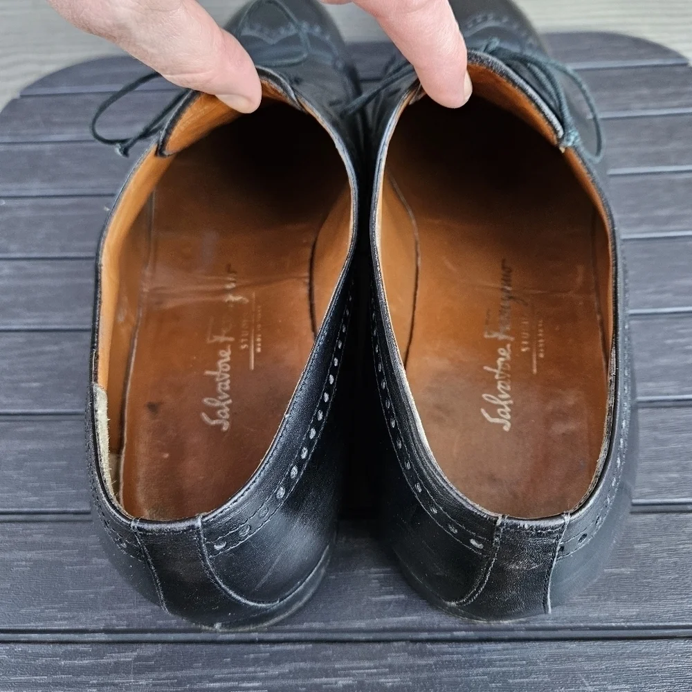 Salvatore Ferragamo Studio Italy Black Leather Wingtip Brogue Oxford Shoe 11.5 D